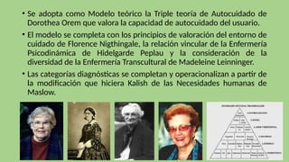• Se adopta como Modelo teórico la Triple teoría de Autocuidado de
Dorothea Orem que valora la capacidad de autocuidado del usuario.
• El modelo se completa con los principios de valoración del entorno de
cuidado de Florence Nigthingale, la relación vincular de la Enfermería
Psicodinámica de Hidelgarde Peplau y la consideración de la
diversidad de la Enfermería Transcultural de Madeleine Leinninger.
• Las categorías diagnósticas se completan y operacionalizan a partir de
la modificación que hiciera Kalish de las Necesidades humanas de
Maslow.
 