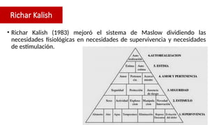 Richar Kalish
• Richar Kalish (1983) mejoró el sistema de Maslow dividiendo las
necesidades fisiológicas en necesidades de supervivencia y necesidades
de estimulación.
 