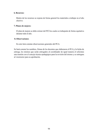98
6. Recursos:
Dentro de los recursos se expone de forma general los materiales a trabajar en el año
electivo.
7. Planes de mejora:
El plan de mejora se debe extraer del PCI los cuales se trabajarán de forma equitativa
durante todo el año.
8. Observaciones:
En este ítem constan observaciones generales del PCA.
Se hará constar los nombres, firmas de los docentes que elaboraron el PCA y la fecha de
entrega, los mismos que serán entregados al coordinador de igual manera el solicitara
una reunión con el concejo técnico pedagógico para la revisión del mismo y se entregara
al vicerrector para su aprobación.
 