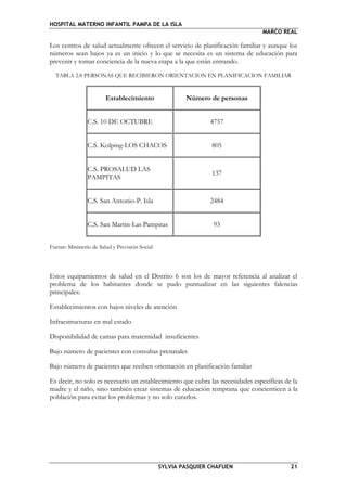 HOSPITAL MATERNO INFANTIL PAMPA DE LA ISLA
MARCO REAL
SYLVIA PASQUIER CHAFUEN 21
Los centros de salud actualmente ofrecen el servicio de planificación familiar y aunque los
números sean bajos ya es un inicio y lo que se necesita es un sistema de educación para
prevenir y tomar conciencia de la nueva etapa a la que están entrando.
TABLA 2.8 PERSONAS QUE RECIBIERON ORIENTACION EN PLANIFICACION FAMILIAR
Establecimiento Número de personas
C.S. 10 DE OCTUBRE 4757
C.S. Kolping-LOS CHACOS 805
C.S. PROSALUD LAS
PAMPITAS
137
C.S. San Antonio-P. Isla 2484
C.S. San Martin-Las Pampitas 93
Fuente: Ministerio de Salud y Previsión Social
Estos equipamientos de salud en el Distrito 6 son los de mayor referencia al analizar el
problema de los habitantes donde se pudo puntualizar en las siguientes falencias
principales:
Establecimientos con bajos niveles de atención
Infraestructuras en mal estado
Disponibilidad de camas para maternidad insuficientes
Bajo número de pacientes con consultas prenatales
Bajo número de pacientes que reciben orientación en planificación familiar
Es decir, no solo es necesario un establecimiento que cubra las necesidades específicas de la
madre y el niño, sino también crear sistemas de educación temprana que concienticen a la
población para evitar los problemas y no solo curarlos.
 