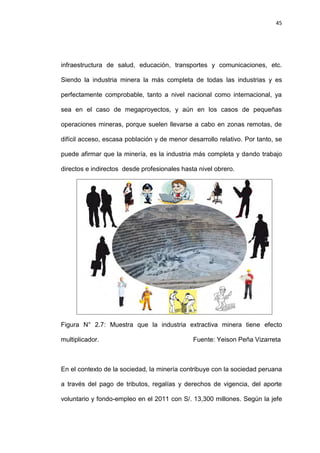 45
infraestructura de salud, educación, transportes y comunicaciones, etc.
Siendo la industria minera la más completa de todas las industrias y es
perfectamente comprobable, tanto a nivel nacional como internacional, ya
sea en el caso de megaproyectos, y aún en los casos de pequeñas
operaciones mineras, porque suelen llevarse a cabo en zonas remotas, de
difícil acceso, escasa población y de menor desarrollo relativo. Por tanto, se
puede afirmar que la minería, es la industria más completa y dando trabajo
directos e indirectos desde profesionales hasta nivel obrero.
Figura N° 2.7: Muestra que la industria extractiva minera tiene efecto
multiplicador. Fuente: Yeison Peña Vizarreta
En el contexto de la sociedad, la minería contribuye con la sociedad peruana
a través del pago de tributos, regalías y derechos de vigencia, del aporte
voluntario y fondo-empleo en el 2011 con S/. 13,300 millones. Según la jefe
 