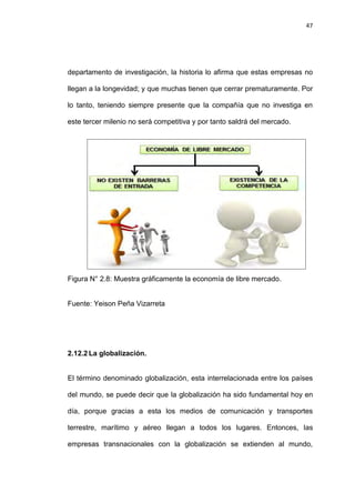 47
departamento de investigación, la historia lo afirma que estas empresas no
llegan a la longevidad; y que muchas tienen que cerrar prematuramente. Por
lo tanto, teniendo siempre presente que la compañía que no investiga en
este tercer milenio no será competitiva y por tanto saldrá del mercado.
Figura N° 2.8: Muestra gráficamente la economía de libre mercado.
Fuente: Yeison Peña Vizarreta
2.12.2 La globalización.
El término denominado globalización, esta interrelacionada entre los países
del mundo, se puede decir que la globalización ha sido fundamental hoy en
día, porque gracias a esta los medios de comunicación y transportes
terrestre, marítimo y aéreo llegan a todos los lugares. Entonces, las
empresas transnacionales con la globalización se extienden al mundo,
 