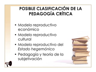 POSIBLE CLASIFICACIÓN DE LA PEDAGOGÍA CRÍTICA Modelo reproductivo económico  Modelo reproductivo cultural  Modelo reproductivo del  Estado hegemónico Pedagogía y teoría de la subjetivación  