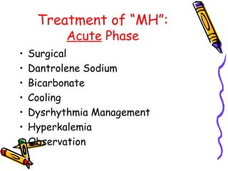 Treatment of “MH”:  Acute  Phase Surgical Dantrolene Sodium Bicarbonate Cooling Dysrhythmia Management Hyperkalemia Observation 