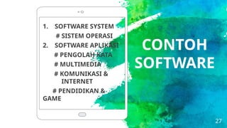 27
1. SOFTWARE SYSTEM
# SISTEM OPERASI
2. SOFTWARE APLIKASI
# PENGOLAH KATA
# MULTIMEDIA
# KOMUNIKASI &
# INTERNET
# PENDIDIKAN &
GAME
CONTOH
SOFTWARE
 