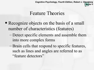 Feature Theories Recognize objects on the basis of a small number of characteristics (features) Detect specific elements and assemble them into more complex forms Brain cells that respond to specific features, such as lines and angles are referred to as “feature detectors”  0 