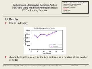 1.Wireless Ad hoc Network : Routing Protocol
                                                    2. Singlecost VS Multicost Routing
      Performance Measured in Wireless Ad hoc       3. DSDV and MPB-DSDV
      Networks using Multicost Parameters Based     4.Simulation Parameters
                                                    5.Results
              DSDV Routing Protocol                 6. Future work
                                                    7.Conclusion




5.4 Results
 End to End Delay




 shows the End-End delay for the two protocols as a function of the number
  of nodes

                                                                   23-Feb-13               20
 