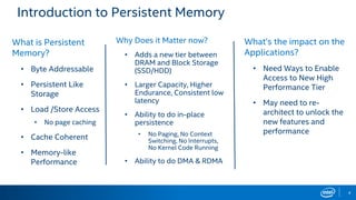 4
What is Persistent
Memory?
• Byte Addressable
• Persistent Like
Storage
• Load /Store Access
• No page caching
• Cache Coherent
• Memory-like
Performance
Why Does it Matter now?
• Adds a new tier between
DRAM and Block Storage
(SSD/HDD)
• Larger Capacity, Higher
Endurance, Consistent low
latency
• Ability to do in-place
persistence
• No Paging, No Context
Switching, No Interrupts,
No Kernel Code Running
• Ability to do DMA & RDMA
Introduction to Persistent Memory
What’s the impact on the
Applications?
• Need Ways to Enable
Access to New High
Performance Tier
• May need to re-
architect to unlock the
new features and
performance
 