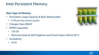 5
New Type of Memory
• Persistent, Large Capacity & Byte Addressable
• 6 TB per two-socket system
• Cheaper than DRAM
• DIMM Capacities
• 128 GB
• Demonstrated at SAP Sapphire and Oracle Open World 2017
• Availability
• 2018
Intel Persistent Memory
 