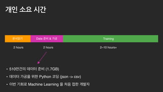 개인 소요 시간
2 hours
Data & Training
2 hours 2~10 hours+
• 510 (1.7GB)
• Python (json -> csv)
• Machine Learning
 
