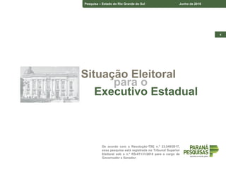 4
De acordo com a Resolução-TSE n.º 23.549/2017,
essa pesquisa está registrada no Tribunal Superior
Eleitoral sob o n.º RS-01131/2018 para o cargo de
Governador e Senador.
Pesquisa – Estado do Rio Grande do Sul Junho de 2018
Situação Eleitoral
para o
Executivo Estadual
 