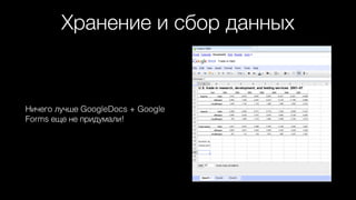 Хранение и сбор данных
Ничего лучше GoogleDocs + Google
Forms еще не придумали!
 