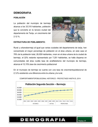 Página 15
DEMOGRAFIA
POBLACIÓN
La población del municipio de bermejo
alcanza a los 33.310 habitantes, población
que la convierte en la tercera ciudad del
departamento de Tarija, un crecimiento del
2.12 %.
ESTRUCTURA DE POBLAMIENTO:
Rural y urbanabermejo al igual que varias ciudades del departamento de tarija, han
concentrado el mayor porcentaje de población en el área urbana, en este caso el
78% de la población total, 26.059 habitantes, viven en el área urbana de la ciudad de
bermejo, el 22% restante representado por 7.251 habitantes, se halla dispersa en
comunidades del área ruralla tasa de analfabetismo del municipio de bermejo,
alcanza el 12,15%.tasa de crecimiento poblacional
En el municipio de bermejo se cuenta con una tasa de crecimientopoblacional de
2,12% existiendo una diferencia entre la urbana y la rural,
COMPORTAMIENTOPOBLACIONAL HISTORICO - PROYECTADO HASTA EL 2014
32.000
34.000
36.000
38.000
40.000
42.000
2001 2002 2003 2004 2005 2006 2007 2008 2009 2010 2011 2012 2013 2014
HIsTORICA ACTUAL PROYECTADA
Población Segunda Sección – Bermejo
 