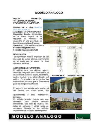 Página 2
MODELO ANALOGO
OSCAR NIEMEYER,
1957.BRASILIA, BRASIL.
PALACIO DE LA ALBORADA
Nombre de la obra:PALACIO
DE LA ALVORADA
Arquitecto: OSCAR NIEMEYER
Ubicación: Brasilia, construidas
en la nueva capital de la
república, la "Alborada" se
encuentra en una península en
los márgenes del lago Paranoá.
Superficie: 7.000 metros cuadrados
Fecha de Proyecto:1957.
Fechade inauguración:1958
MORFOLOGÍA
El espectador tiene la impresión de ver
una caja de vidrio, aterrizó suavemente
en el suelo con el apoyo de finas
columnas externas.
ACCESIBILIDAD FUNCIONES
El edificio tiene tres plantas: sótano,
aterrizaje y segundo piso. En el sótano se
encuentra el auditorio, cocina, lavandería,
centro médico, y la administración del
edificio. En el rellano se encuentran las
habitaciones utilizadas por la Presidencia
para las recepciones oficiales.
El segundo piso está la parte residencial
del palacio, con cuatro suites, dos
apartamentos y otras habitaciones
privadas.
El edificio también cuenta con una
biblioteca, una piscina olímpica
climatizada, una sala de música, dos
salas de comedor y varias salas de
reuniones. Situado en los edificios
adyacentes son la capilla y el helipuerto.
PLANTA BAJA SEGUNDA PLANTA
 