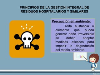 PRINCIPIOS DE LA GESTION INTEGRAL DE
RESIDUOS HOSPITALARIOS Y SIMILARES
Precaución en ambiente:
Toda sustancia o
elemento que pueda
generar daño irreversible
se deben adoptar
medidas eficaces para
impedir la degradación
del medio ambiente.
 