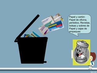 Papel y cartón:
Papel de oficina,
periódico, Revistas,
bolsas y sobres de
Papel y cajas de
empaques
 