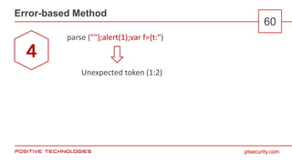 ptsecurity.com
Error-based Method
60
parse (""};alert(1);var f={t:")
4
Unexpected token (1:2)
 