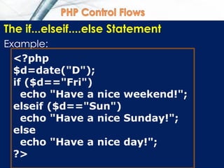 The if...elseif....else Statement
Example:
<?php
$d=date("D");
if ($d=="Fri")
echo "Have a nice weekend!";
elseif ($d=="Sun")
echo "Have a nice Sunday!";
else
echo "Have a nice day!";
?>
 