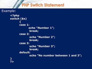 Example:
<?php
switch ($x)
{
case 1:
echo "Number 1";
break;
case 2:
echo "Number 2";
break;
case 3:
echo "Number 3";
break;
default:
echo "No number between 1 and 3";
}
?>
 