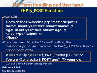 PHP $_POST Function
Example:
<form action="welcome.php" method="post">
Name: <input type="text" name="fname" />
Age: <input type="text" name="age" />
<input type="submit" />
</form>
When the user clicks the "Submit" button, the
"welcome.php" file can now use the $_POST function to
collect form data
Welcome <?php echo $_POST["fname"]; ?>!<br />
You are <?php echo $_POST["age"]; ?> years old.
Output could be something like this:
Welcome John!
You are 28 years old.
 