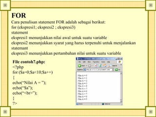 FOR
Cara penulisan statement FOR adalah sebagai berikut:
for (ekspresi1; ekspresi2 ; ekspresi3)
statement
ekspresi1 menunjukkan nilai awal untuk suatu variable
ekspresi2 menunjukkan syarat yang harus terpenuhi untuk menjalankan
statemant
ekspresi3 menunjukkan pertambahan nilai untuk suatu variable
File contoh7.php:
<?php
for ($a=0;$a<10;$a++)
{
echo(“Nilai A = ”);
echo(“$a”);
echo(“<br>”);
}
?>

 