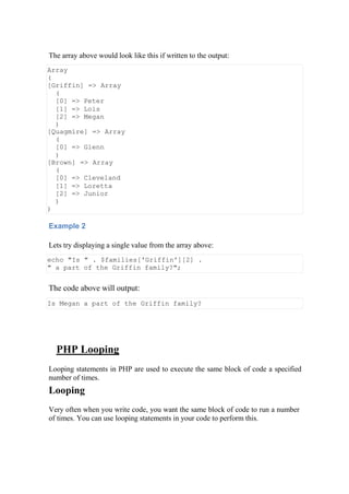 The array above would look like this if written to the output:
Array
(
[Griffin] => Array
(
[0] => Peter
[1] => Lois
[2] => Megan
)
[Quagmire] => Array
(
[0] => Glenn
)
[Brown] => Array
(
[0] => Cleveland
[1] => Loretta
[2] => Junior
)
)
Example 2
Lets try displaying a single value from the array above:
echo "Is " . $families['Griffin'][2] .
" a part of the Griffin family?";
The code above will output:
Is Megan a part of the Griffin family?
PHP Looping
Looping statements in PHP are used to execute the same block of code a specified
number of times.
Looping
Very often when you write code, you want the same block of code to run a number
of times. You can use looping statements in your code to perform this.
 