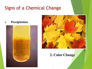 Signs of a Chemical Change
1. Precipitation
2. Color Change
 