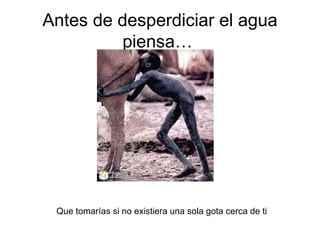 Antes de desperdiciar el agua piensa…  Que tomarías si no existiera una sola gota cerca de ti  