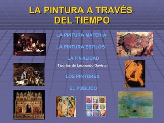 LA PINTURA A TRAVÉS  DEL TIEMPO LOS PINTORES LA PINTURA MATERIA LA FINALIDAD Teorías de Leonardo Davinci EL PÚBLICO LA PINTURA ESTILOS 