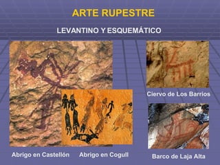 ARTE RUPESTRE LEVANTINO Y ESQUEMÁTICO Abrigo en Castellón  Ciervo de Los Barrios Barco de Laja Alta Abrigo en Cogull 