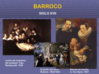 BARROCO SIGLO XVII Retrato de familia. A. Van Dyck. 1621 Leción de anatomía del profesor Tulp. Rembarndt. 1632 El jardín del amor. Rubens. 1632/1634 