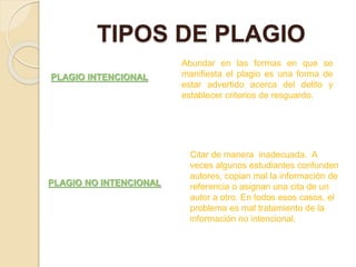 TIPOS DE PLAGIO
PLAGIO INTENCIONAL
PLAGIO NO INTENCIONAL
Abundar en las formas en que se
manifiesta el plagio es una forma de
estar advertido acerca del delito y
establecer criterios de resguardo.
Citar de manera inadecuada. A
veces algunos estudiantes confunden
autores, copian mal la información de
referencia o asignan una cita de un
autor a otro. En todos esos casos, el
problema es mal tratamiento de la
información no intencional.
 