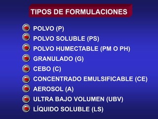 TIPOS DE FORMULACIONES
POLVO (P)
POLVO SOLUBLE (PS)
POLVO HUMECTABLE (PM O PH)
GRANULADO (G)
CEBO (C)
CONCENTRADO EMULSIFICABLE (CE)
AEROSOL (A)
ULTRA BAJO VOLUMEN (UBV)
LÍQUIDO SOLUBLE (LS)
 