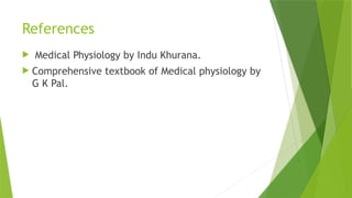 References
 Medical Physiology by Indu Khurana.
 Comprehensive textbook of Medical physiology by
G K Pal.
 