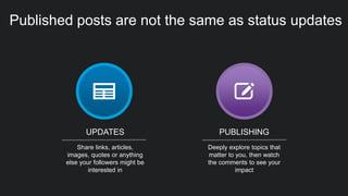 Published posts are not the same as status updates
Share links, articles,
images, quotes or anything
else your followers might be
interested in
Deeply explore topics that
matter to you, then watch
the comments to see your
impact
UPDATES PUBLISHING
 