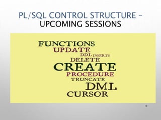 PL/SQL CONTROL STRUCTURE –
UPCOMING SESSIONS
• CURSOR
DECLARE
NAME VARCHAR2(20);
CURSOR C1 IS
SELECT T.NAME
FROM TABLE T
WHERE DATE IS NOT NULL;
BEGIN
OPEN C1;
LOOP
FETCH C1 INTO NAME;
EXIT WHEN C1%NOTFOUND;
END LOOP;
CLOSE C1;
END;
13
 