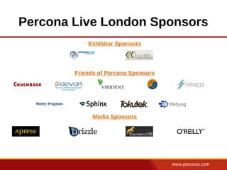 www.percona.com
Percona Live London Sponsors
Exhibitor Sponsors
Friends of Percona Sponsors
Media Sponsors
 
