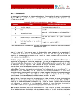PLAN MUNICIPAL DE DESARROLLO URBANO DE COMPOSTELA, NAYARIT.
56
IV.4.2.4 Climatología.
De acuerdo a la clasificación de Köppen adecuada por Enriqueta García, a las condiciones de la
República Mexicana, los tipos de climas que se presentan en el área en estudio, son únicamente
los del grupo cálido A.
Cuadro 11. Clasificación de los climas según Kôppen.
Símbolo Clima Temperaturas medias anuales
A Tropical lluvioso Todos los meses más de 18º C
B Seco Variadas
C Templado lluvioso
Mes más frío, inferior a 18º C, pero superior a 3º
C
D Frío lluvioso (no existe en México)
Mes más frío, inferior a -3º C, pero superior a -
10º C
E
Polar (se localiza en las cumbres
nevadas)
Ningún mes superior a 10º C
Fuente: elaboración propia en base a INEGI, documento digital “Característica edafológicas, fisiográficas, climáticas e
hidrográficas de México”.
Aw1 (w) y Aw2 (w): Pertenecen al grupo de climas cálidos A y al subgrupo de climas cálidos A.
La temperatura media anual es mayor de 22.0 °C y la del mes más frío mayor de 18.0 °C. Se
ubica en los tipos Cálidos Subhúmedos con Lluvias en Verano, donde la precipitación del mes
más seco es menor de 60 mm.
Aw1(w): agrupa a los subtipos de humedad media dentro de los Cálidos Subhúmedos, su
porcentaje de precipitación invernal es menor de 5. Este tipo de clima se aprecia en la parte alta
del Municipio de San Blas, en una porción ubicada al Este de Compostela y porción baja de Bahía
de Banderas. Aw1(w), agrupa a los subtipos de mayor humedad dentro de los Cálidos
Subhúmedos, su porcentaje de precipitación invernal es menor de 5mm.
A(C) w1 (w): Pertenece al grupo de climas cálidos A y al subgrupo de clima semicálidos A(C). La
temperatura media entre 18.0 y 22.0 °C y la del mes más frío mayor de 18.0 °C. Se ubica en los
tipos Semicálidos Subhúmedos con Lluvias en Verano, donde la precipitación del mes más seco
es menor de 60 mm. Agrupa los subtipos de humedad media dentro de los Semicálidos
Subhúmedos, su porcentaje de precipitación invernal es menor de 5mm.
(A)C (w2) (w): Pertenece al grupo de climas templados C y al subgrupo de climas semicálidos (A)
C. La temperatura media anual es mayor de 18.0 °C y la del mes más frío entre –3.0 y 18.0°C. Se
ubica en los tipos Semicálidos Subhúmedos con Lluvias en Verano, donde la precipitación del
mes más seco es menor de 60 mm. Agrupa los subtipos de mayor humedad dentro de los
Semicálidos Subhúmedos, su porcentaje de precipitación invernal es menor de 5.
(A)C (w1) (w): Pertenece al grupo de climas templados C y al subgrupo de climas semicálidos (A)
C. Se ubica en los tipos Semicálidos Subhúmedos con Lluvias en Verano, donde la precipitación
 