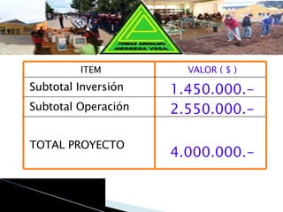 4.000.000.- TOTAL PROYECTO 2.550.000.- Subtotal Operación 1.450.000.- Subtotal Inversión VALOR ( $ ) ITEM 