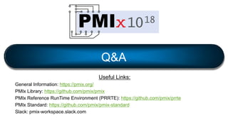 Useful Links:
General Information: https://pmix.org/
PMIx Library: https://github.com/pmix/pmix
PMIx Reference RunTime Environment (PRRTE): https://github.com/pmix/prrte
PMIx Standard: https://github.com/pmix/pmix-standard
Slack: pmix-workspace.slack.com
Q&A
 