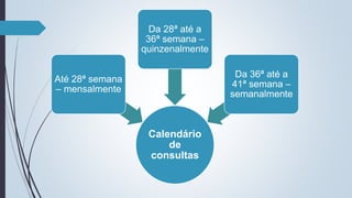 Calendário
de
consultas
Até 28ª semana
– mensalmente
Da 28ª até a
36ª semana –
quinzenalmente
Da 36ª até a
41ª semana –
semanalmente
 