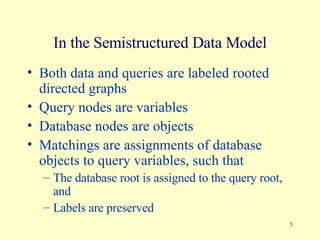 In the Semistructured Data Model Both data and queries are labeled rooted directed graphs Query nodes are variables Database nodes are objects Matchings are assignments of database objects to query variables, such that The database root is assigned to the query root, and Labels are preserved 