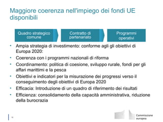 │ 12
Maggiore coerenza nell'impiego dei fondi UE
disponibili
• Ampia strategia di investimento: conforme agli gli obiettivi di
Europa 2020:
• Coerenza con i programmi nazionali di riforma
• Coordinamento: politica di coesione, sviluppo rurale, fondi per gli
affari marittimi e la pesca
• Obiettivi e indicatori per la misurazione dei progressi verso il
conseguimento degli obiettivi di Europa 2020
• Efficacia: Introduzione di un quadro di riferimento dei risultati
• Efficienza: consolidamento della capacità amministrativa, riduzione
della burocrazia
Programmi
operativi
Contratto di
partenariato
Quadro strategico
comune
 