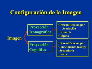 Configuración de la Imagen Imagen Proyección  Iconográfica Proyección  Cognitiva Descodificación por  Conocimiento (código) Secundaria Lenta Descodificación por  Asociación Primaria  Rápida 