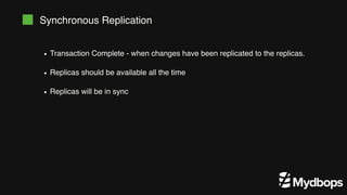 Synchronous Replication
Transaction Complete - when changes have been replicated to the replicas.
Replicas should be available all the time
Replicas will be in sync
 