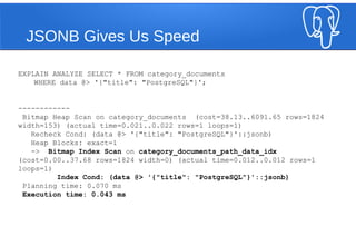 JSONB Gives Us Speed
EXPLAIN ANALYZE SELECT * FROM category_documents
WHERE data @> '{"title": "PostgreSQL"}';
------------
Bitmap Heap Scan on category_documents (cost=38.13..6091.65 rows=1824
width=153) (actual time=0.021..0.022 rows=1 loops=1)
Recheck Cond: (data @> '{"title": "PostgreSQL"}'::jsonb)
Heap Blocks: exact=1
-> Bitmap Index Scan on category_documents_path_data_idx
(cost=0.00..37.68 rows=1824 width=0) (actual time=0.012..0.012 rows=1
loops=1)
Index Cond: (data @> '{"title": "PostgreSQL"}'::jsonb)
Planning time: 0.070 ms
Execution time: 0.043 ms
 