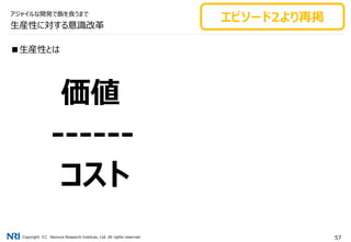 Copyright（C） Nomura Research Institute, Ltd. All rights reserved. 57
■生産性とは
価値
------
コスト
生産性に対する意識改革
アジャイルな開発で飯を食うまで
エピソード2より再掲
 