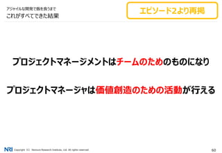 Copyright（C） Nomura Research Institute, Ltd. All rights reserved. 60
プロジェクトマネージメントはチームのためのものになり
プロジェクトマネージャは価値創造のための活動が行える
これがすべてできた結果
アジャイルな開発で飯を食うまで
エピソード2より再掲
 