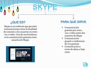 ¿QUE ES? PARA QUE SIRVE
 Comunicación
gratuita por texto,
voz o vídeo entre dos
usuarios de Skype
 Comunicación
grupal o conferencia
de voz gratuita
 Comunicación y
envío de datos a bajo
costo
Skype es un software que permite
comunicaciones tiene la finalidad
de conectar a los usuarios vía texto
voz o vídeo. Una de sus fortalezas
es la comunicación gratuita entre
usuarios de Skype.
 