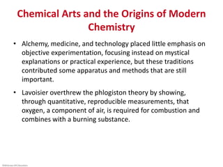 ©McGraw-Hill Education.
Chemical Arts and the Origins of Modern
Chemistry
• Alchemy, medicine, and technology placed little emphasis on
objective experimentation, focusing instead on mystical
explanations or practical experience, but these traditions
contributed some apparatus and methods that are still
important.
• Lavoisier overthrew the phlogiston theory by showing,
through quantitative, reproducible measurements, that
oxygen, a component of air, is required for combustion and
combines with a burning substance.
 